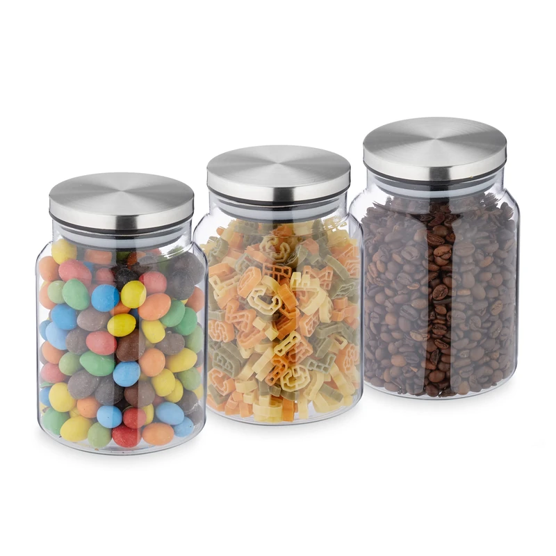Relaxdays Set of 3 Jars, 700ml, Steel Airtight Lids, Dry Food Storage, Glass, HxD: 14x10cm, Transparent/Silver, 14 x 10 x 10 cm