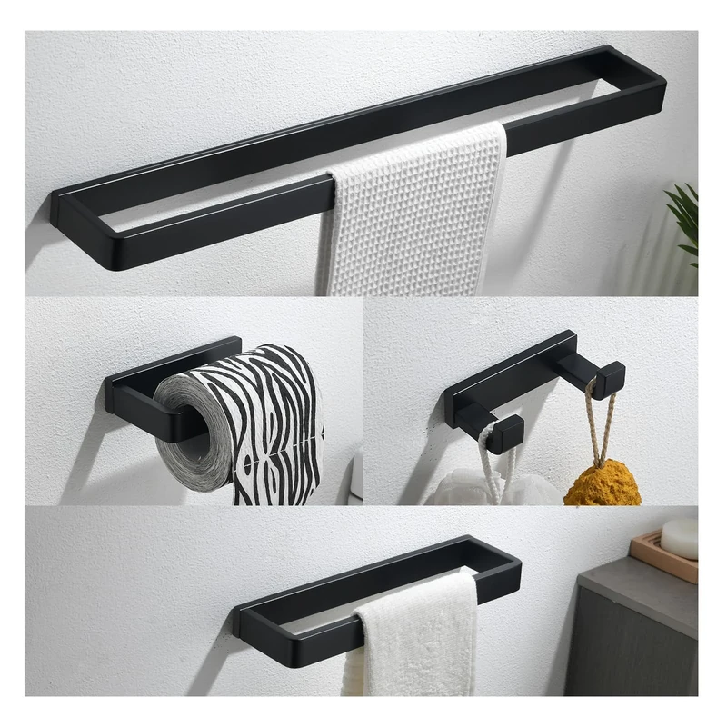 YACVCL Bathroom Hardware Accessories Set Black 4-Piece Towel Bar Towel Rack Sets Square Towel Ring Kit Stainless Steel Wall Mounted