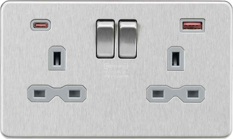 Knightsbridge 13A 2G DP Switched Socket with Dual USB A+C [45W FASTCHARGE] - Brushed Chrome with grey insert