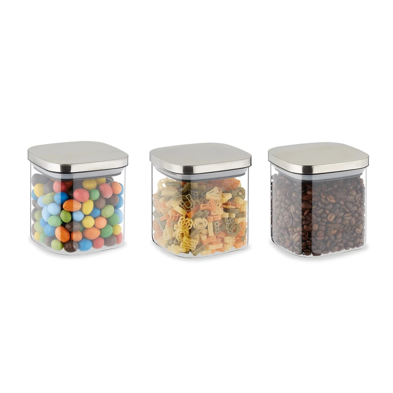 Relaxdays Set 3 Storage Jars, 70% glass 20% stainless steel 10% silicone, Transparent/Silver, 11 x 10.5 x 10.5 cm