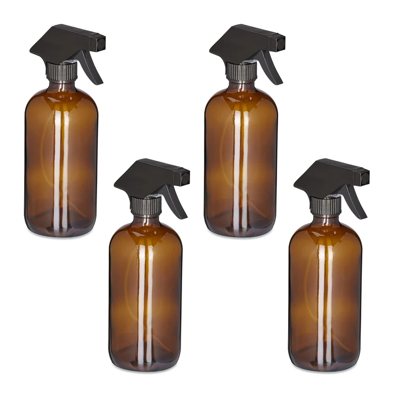 Relaxdays Set of 4 Glass Spray Bottles, 500 ml, Refillable, Nozzle, Mist & Stream, Hair & Plant Care, Cleaning, Brown, 21 x 9.5 x 7.5 cm