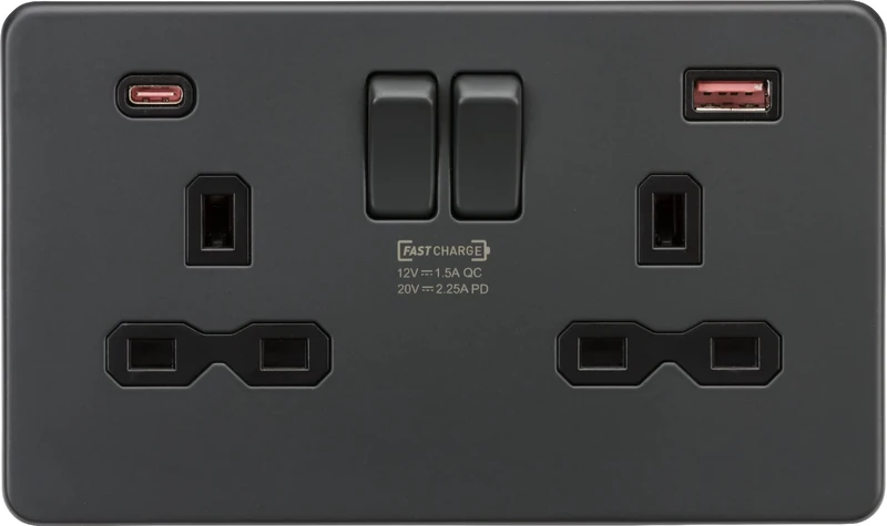 Knightsbridge 13A 2G DP Switched Socket with Dual USB A+C [45W FASTCHARGE] - Anthracite