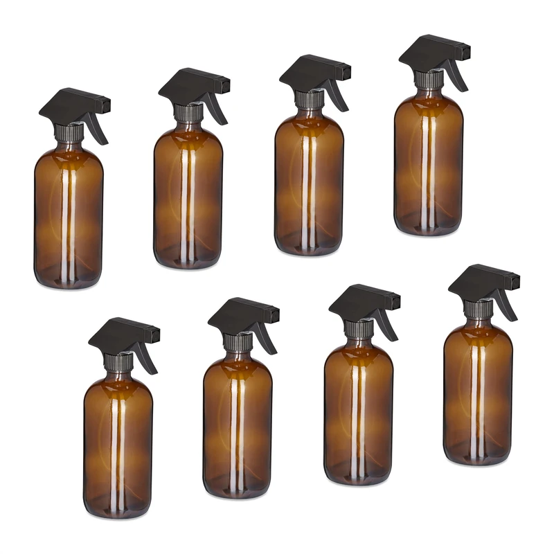 Relaxdays Set of 8 Glass Spray Bottles, 500 ml, Refillable, Nozzle, Mist & Stream, Hair & Plant Care, Cleaning, Brown, 21 x 9.5 x 7.5 cm