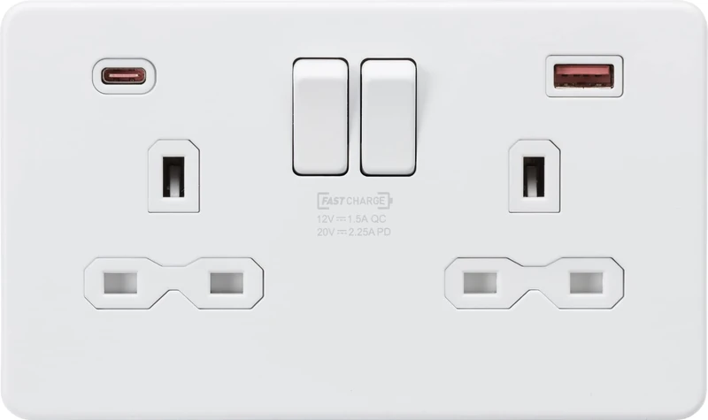 Knightsbridge 13A 2G DP Switched Socket with Dual USB A+C [45W FASTCHARGE] - Matt White