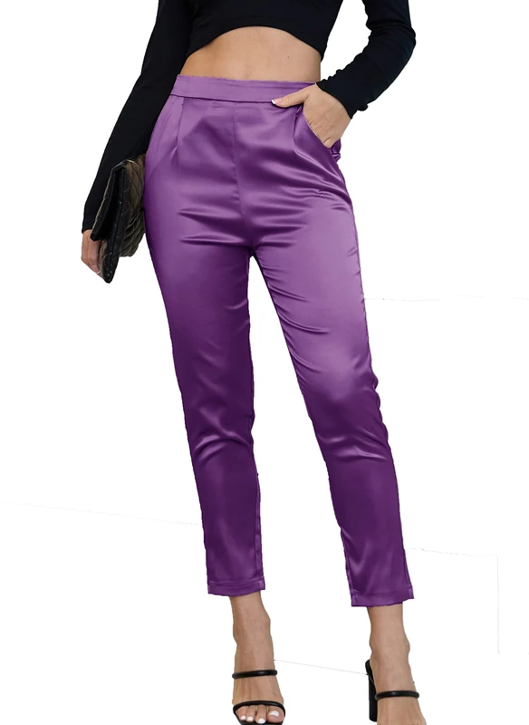 heipeiwa Women's Satin Pants Dress Casual Pleated Pull on High Waist Pants Baggy Front Tapered Trouser, Drape Purple, XL