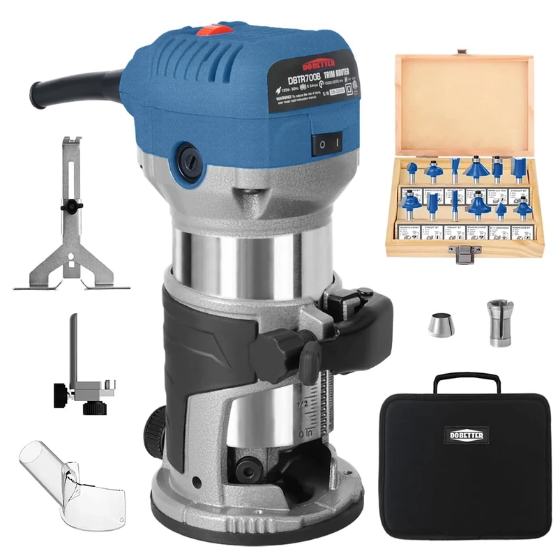 1.25HP Wood Router Tool,Dobetter Routers for Woodworking, 6.5Amp Compact Trim Router, 6 Variable Speed Palm Router with 1/4" & 3/8" Collets, 12 Wood Router Bits and Portable Bag -DBTR700B