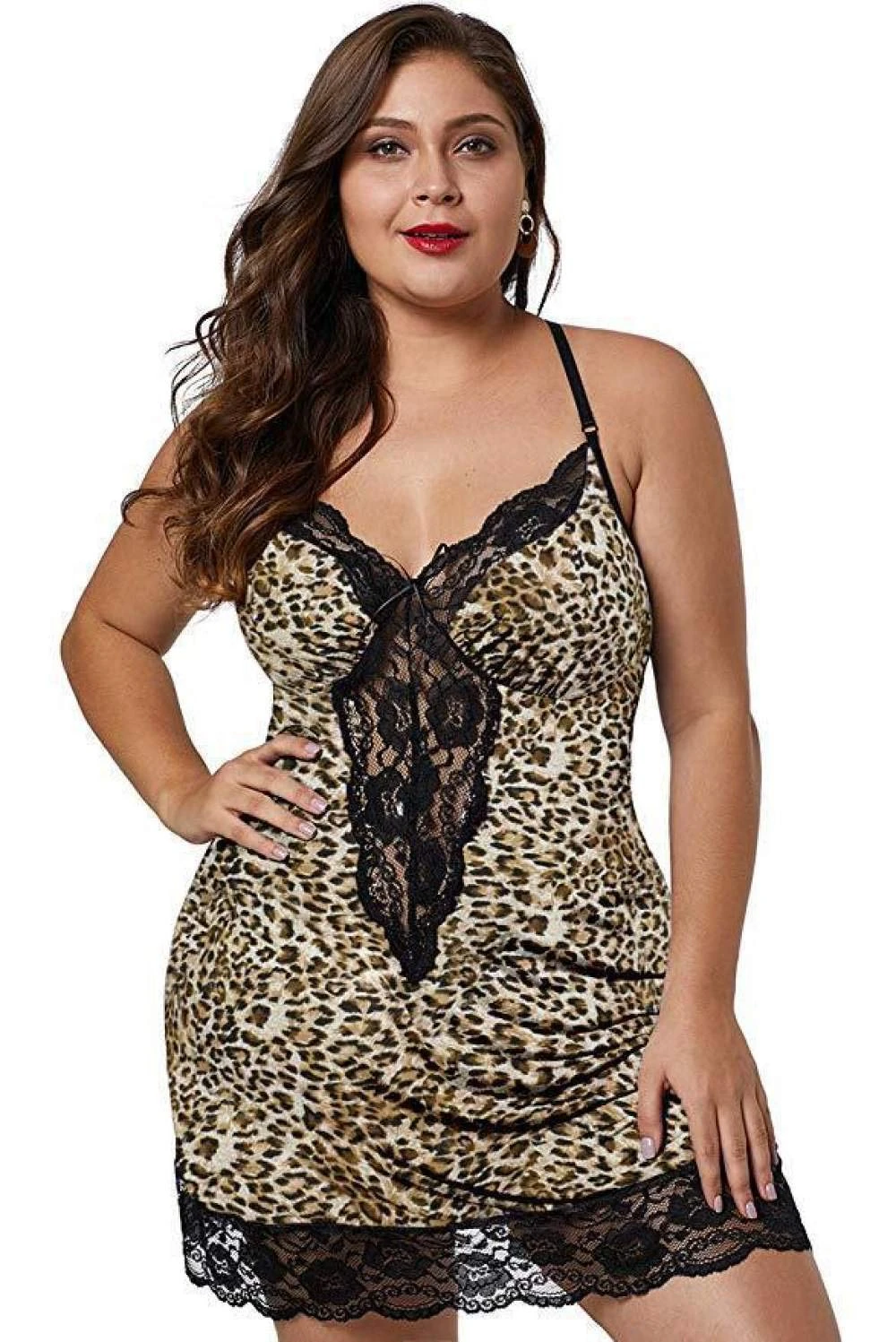 AKAZI Valentine's Day Sexy Lingerie,Ladies Plus Size Leopard Sexy Lingerie Set Baby Dolls V-Neck Chemise Night Dress Lace Splice Sleepwear Nightwear Set With G-String (Leopard S)