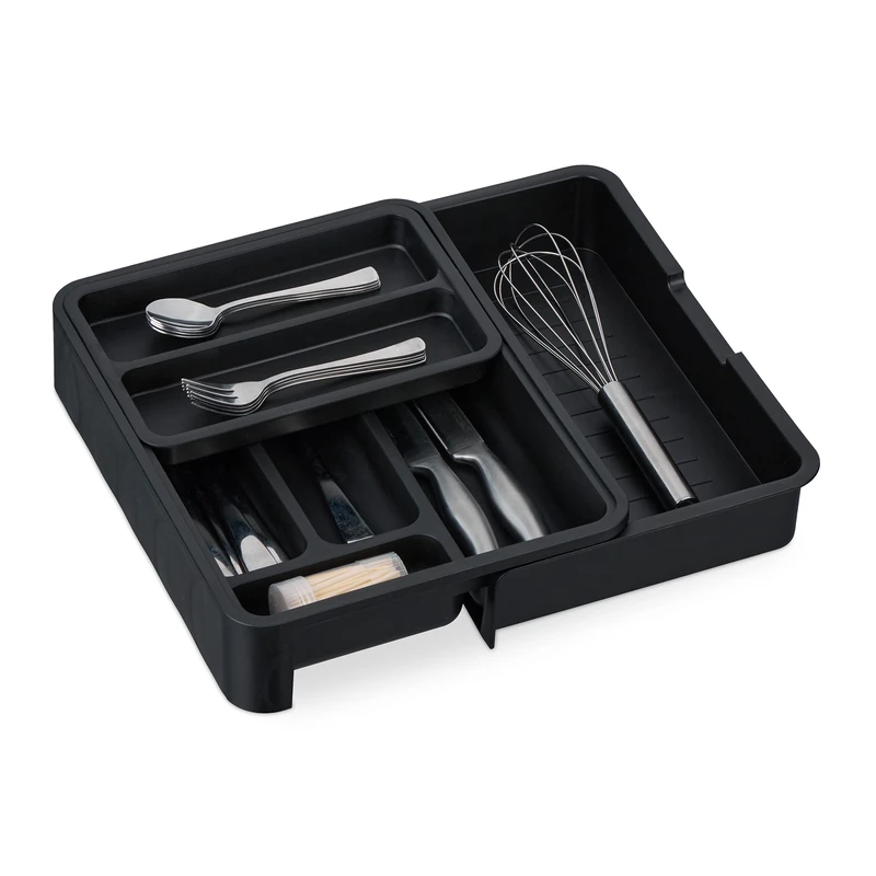 Relaxdays Cutlery Tray, Extendable, 7 Compartments, 6.5 x 23.5-40 x 31.5 cm, Kitchen Drawer Insert, Plastic, Black, 6.5 x 23.5 x 31.5 cm