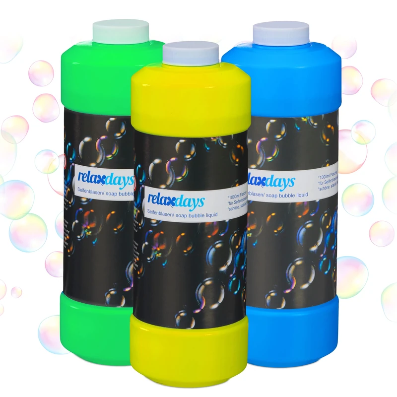 Relaxdays Set of 3 Bubble Refill Bottle, 1 Litre Solution Each, Also for Machines, Birthdays, Parties, Yellow/Blue/Green, 1 L