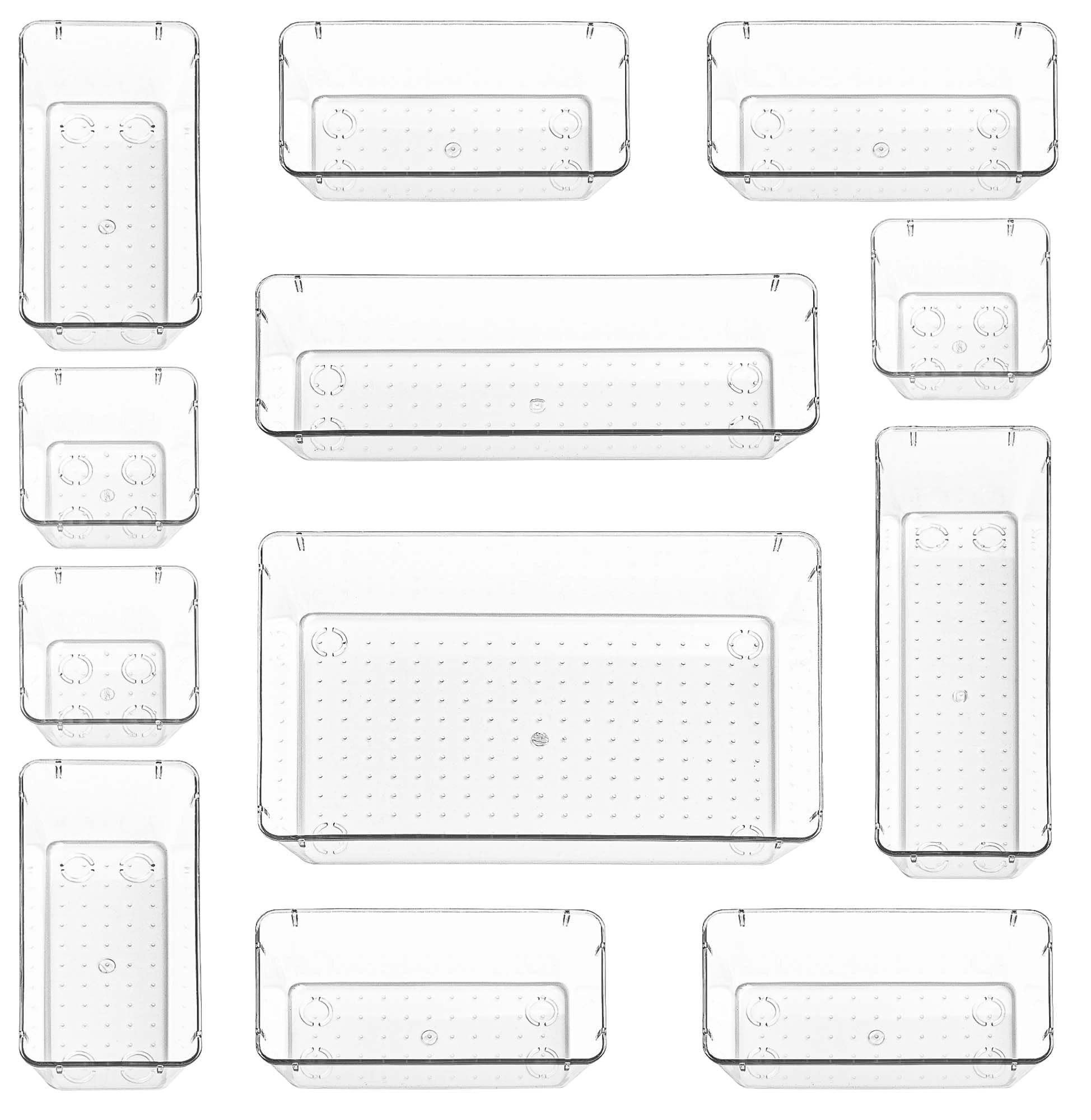 Stackzy Drawer Organiser Set – Makeup Organiser Tray for Drawers – Clear Cosmetics Container Tray for Bedroom – Utensil Cutlery Set Divider – Kitchen Storage & Organisation – 12pack