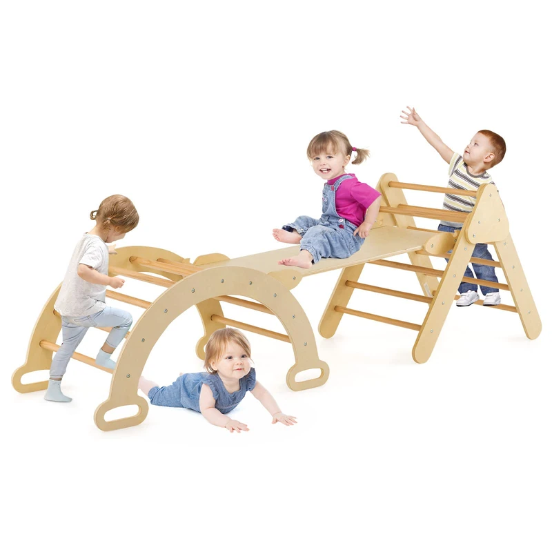 GYMAX 3 in 1 Kids Climbing Set, Wooden Toddler Climber with Reversible Ramp and Arch, Outdoor Indoor Climbing Frame for 1 Years Old + Boys Girls (Natural)