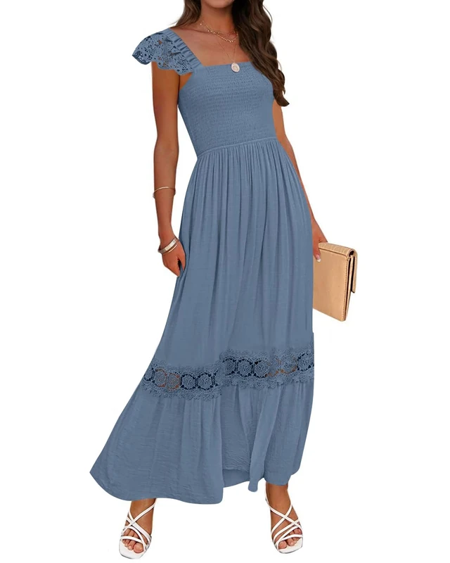 ZESICA Women's 2023 Summer Lace Strap Sleeveless Square Neck Smocked High Waist Ruffle Hollow Out Flowy A Line Maxi Dress, Dustyblue, XXL