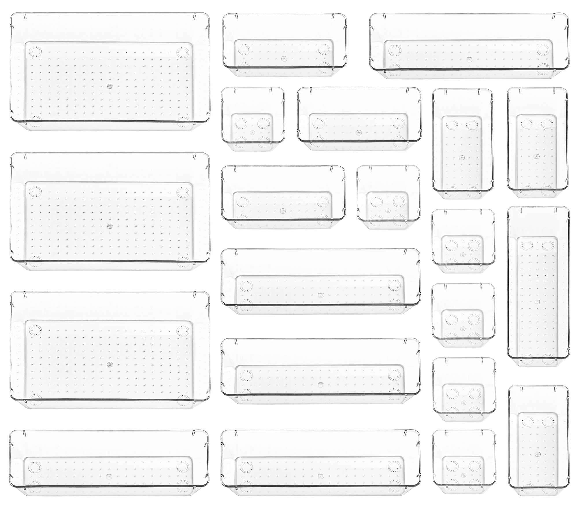 Stackzy Drawer Organiser Set – Makeup Organiser Tray for Drawers – Clear Cosmetics Container Tray for Bedroom – Utensil Cutlery Set Divider – Kitchen Storage & Organisation – 21pack