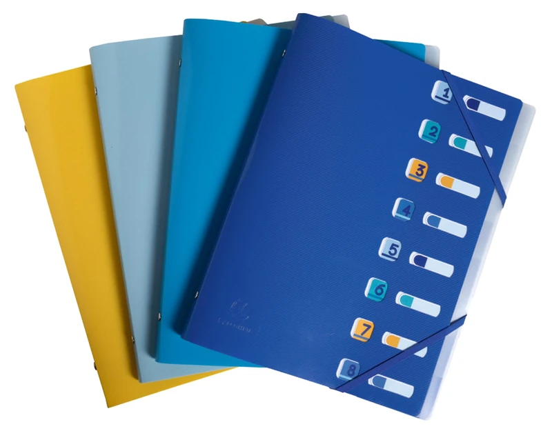 Exacompta - Ref 56110E - Box of 10 File folders Bee Blue - with Elastic Bands and Cut-Out Windows - Cover and Inside Made of Recycled PP - 8 compartments - for A4 - Size 25 x 32 cm - Assorted