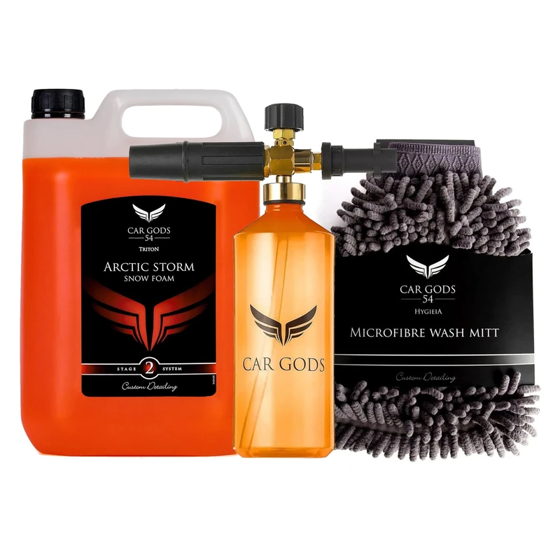 Car Gods Arctic Storm Super Thick Snow Foam Shampoo Orange Scent 5L, Car Gods Snow Foam Cannon/Lance and Car Gods Microfibre Wash Mitt Cleaning