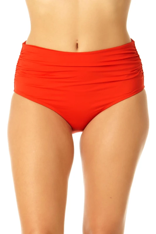 Anne Cole Women's High Waist to Fold Over Shirred Bikini Bottom Swimsuit, Spice Red, Large
