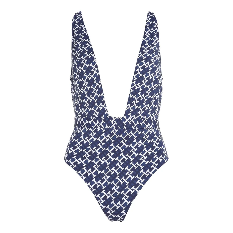 Tommy Hilfiger Womens Plunge One Piece Print Plunge Swimsuit Monogram Navy L - Image 1