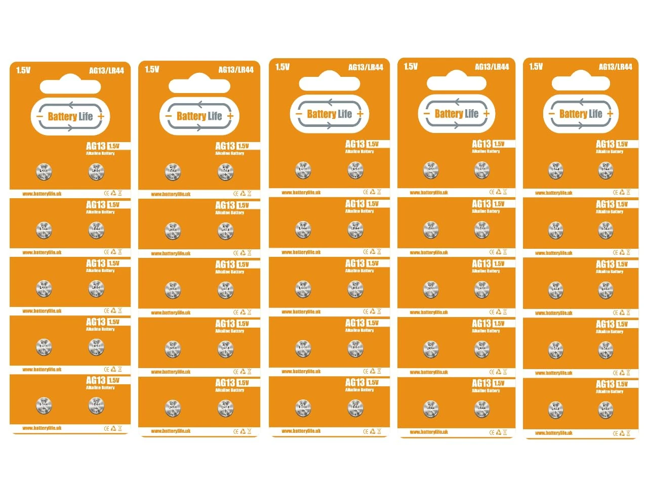 Battery Life LR44 Batteries (50 pack) AG13 Button Coin Cell Alkaline 1.5v Long Life UK Brand