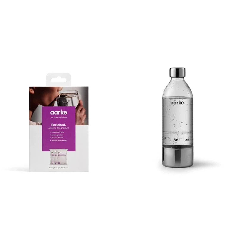 Aarke 3-Pack Enriched Filter Refill Bags – Increases The pH Value, Adds Magnesium, Reduces Unwanted Tastes and Heavy Metals & PET Bottle for Sparkling Water Maker Carbonator 3