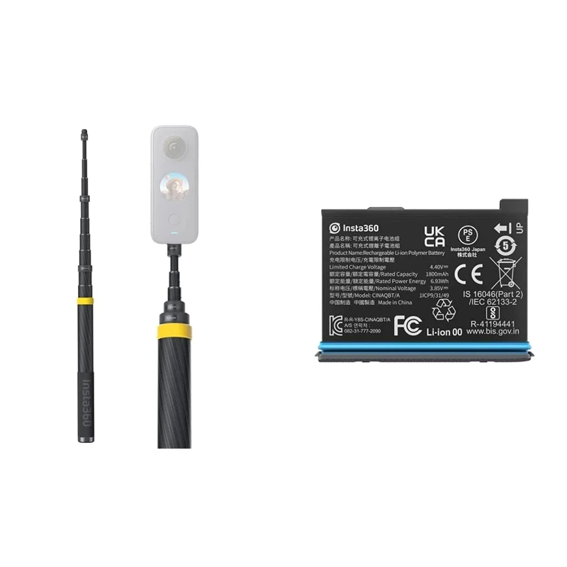 Insta360 3m 9.8ft Extended Edition Selfie Stick for ONE RS, ONE X2 & X3 Action Camera & X3 Original Battery (1800mAh) Replacement/Spare for up to Extra 80 Minutes Recording Time