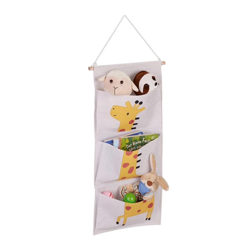 Relaxdays Children's Hanging Organiser, 3 Compartments, Cotton, HxW: 82x33.5 cm, Toy Storage, Office, Giraffe Motif, 82x33.5x1.5 cm