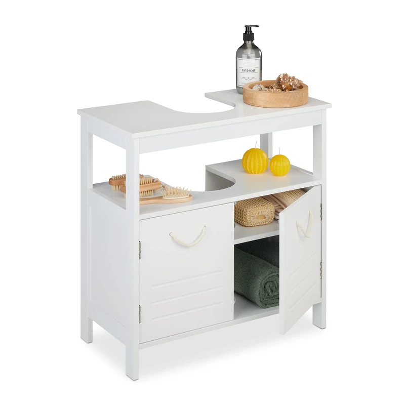 Relaxdays Vanity Unit, 2 Compartments, Cut Out for Sink, Rope Handles, Bathroom Cabinet, HxWxD: 60 x 60 x 30 cm, White