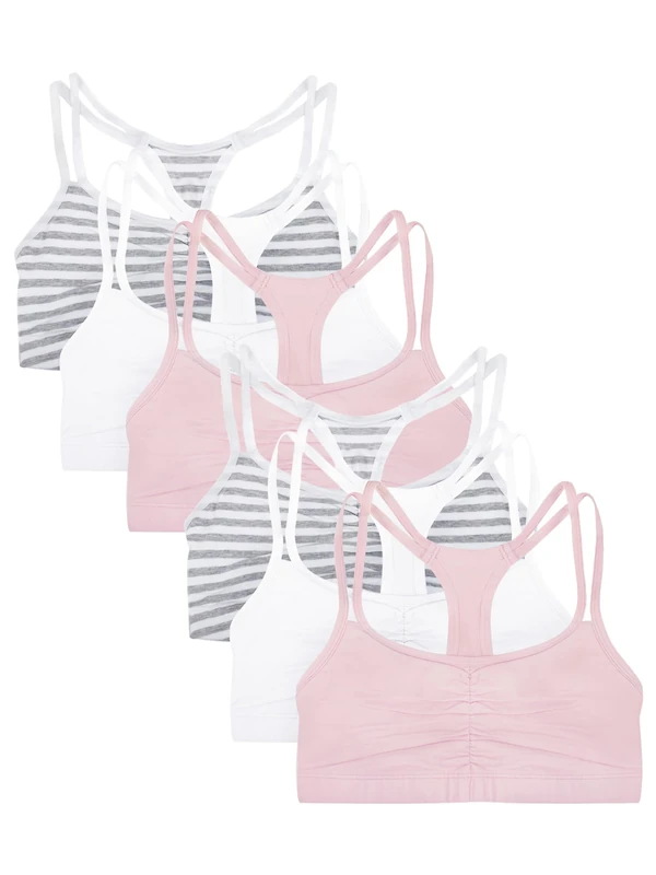 Fruit of the Loom Women's Spaghetti Strap Cotton Pullover Sports Bra Value Pack, Stripe/Stripe/White/White/Blush/Blush, 44