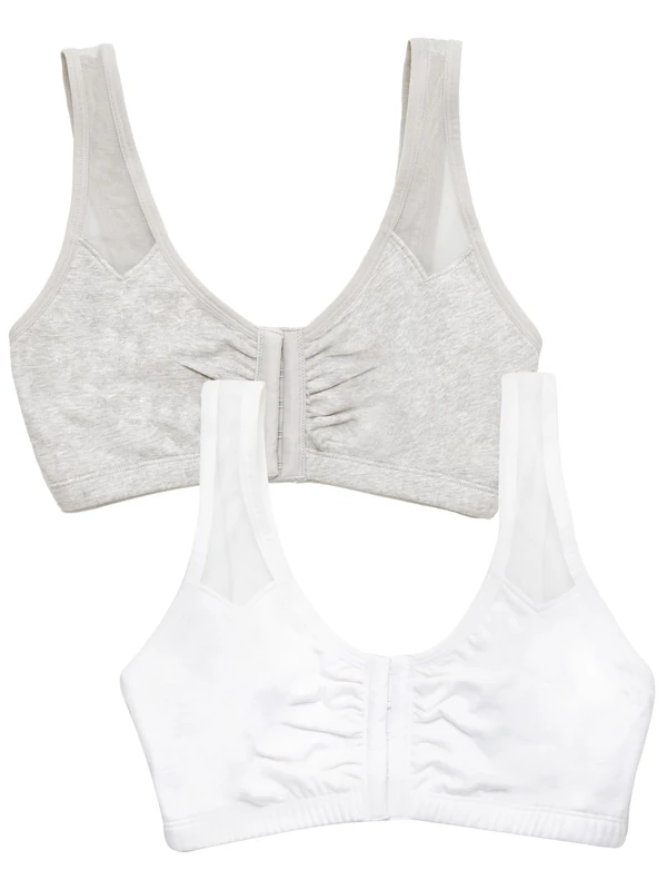Fruit of The Loom Women's Comfort Front Close Sport Bra with Mesh Straps, Heather Grey/White, 34