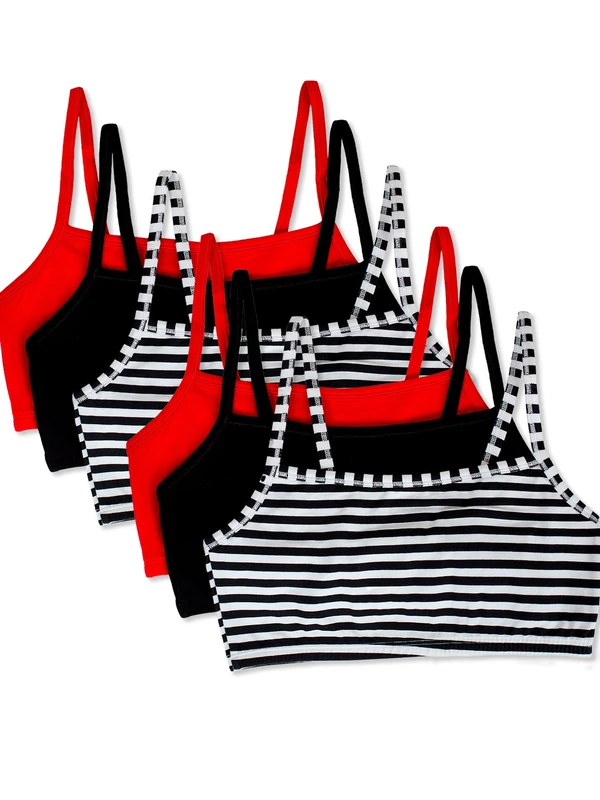 Fruit of the Loom Women's Spaghetti Strap Cotton Sports Bra-All-Day Comfort & Easy Movement, Stripe/Stripe/Black/Black/Red/Red, Stripe/Stripe/Black/Black/Red/Red, 32