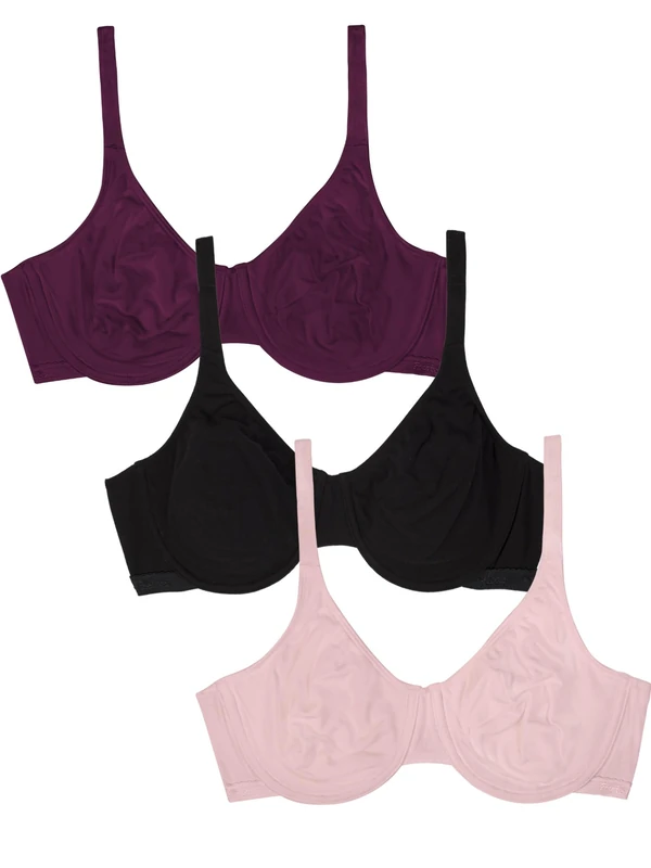 Fruit of The Loom Women's Multi-Pack Unlined Underwire Cotton Bra, Purple Velvet/Blushing/Black, 40D