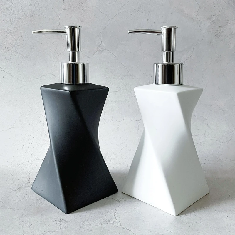2 Pack Modern White & Black Soap Dispenser Set with Silver Pump for Bathroom and Kitchen, Contemporary Art Style, Matte Finish, Rust Proof, 8.5oz
