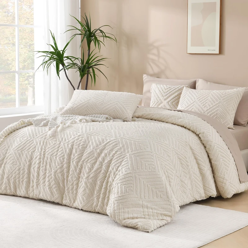 Andency King Size Comforter Set Beige, 3 Pieces Boho King Bedding Comforter Set Cream, All Season Soft Lightweight Tufted Textured Down Alternative Comforter Fluffy Bed Set