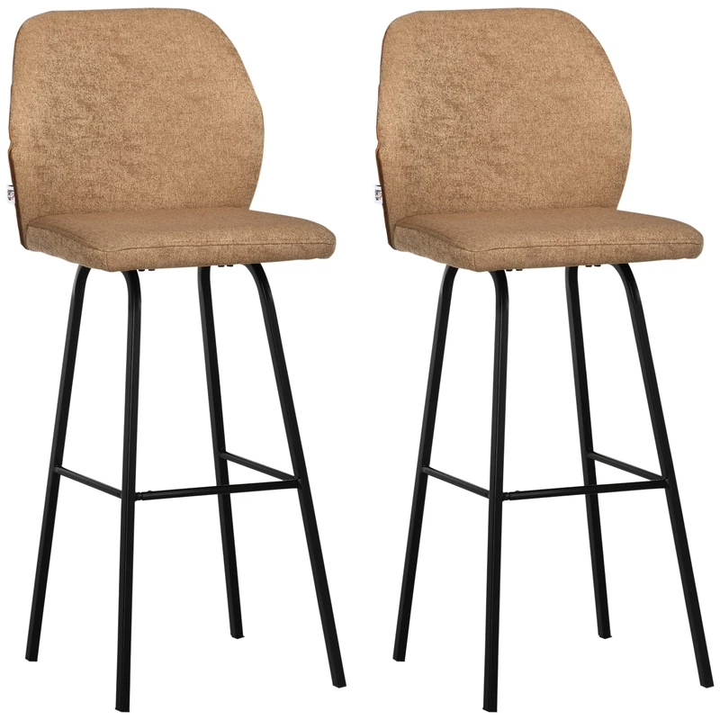 HOMCOM Bar Stools Set of 2, Linen-Touch Upholstered Bar Chairs, Kitchen Stools with Backs and Steel Legs for Dining Room, Light Brown