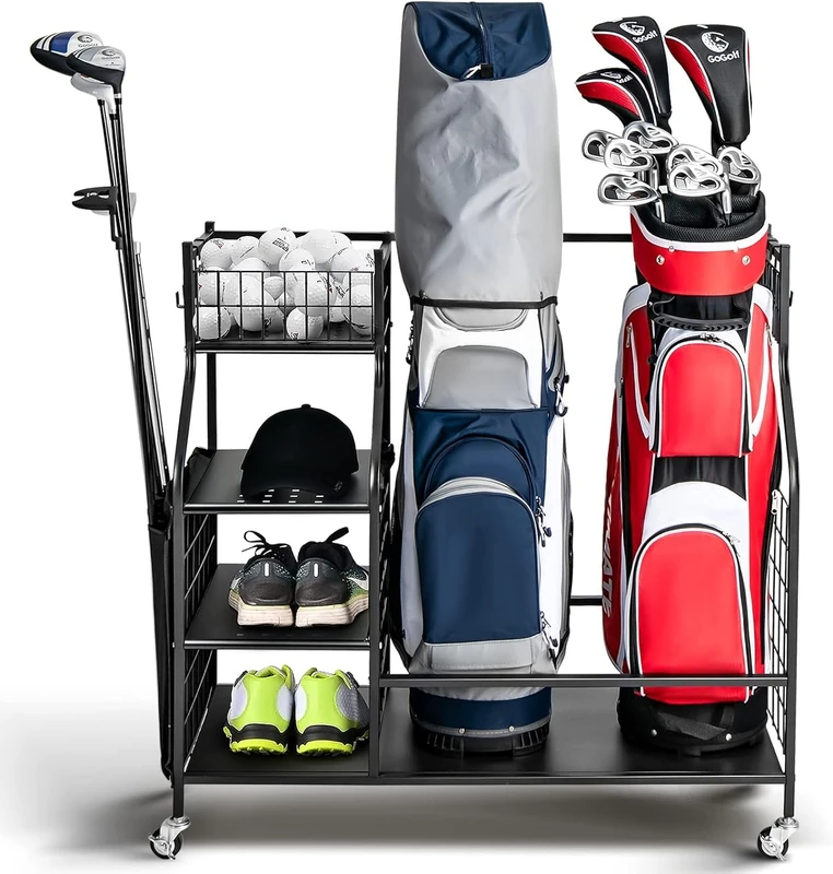 GYMAX Golf Storage Rack, Extra Large Golf Bag Stand Storage Rack with Lockable Universal Wheels and Removable Hooks, All-in-1 Golf Garage Organizer for Golf Clubs (95 x 40 x 94cm)