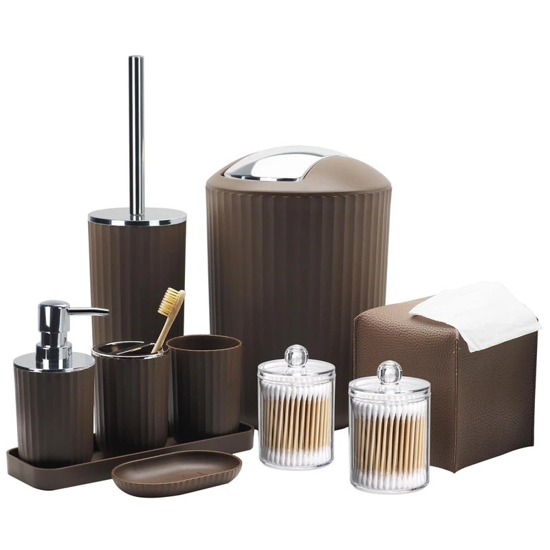Bathroom Accessory Set - 10 Piece Brown Bathroom Accessories Set with Trash Can, Toothbrush Holder and Cup, Soap Dispenser, Soap Dish, Toilet Brush Holder, Vanity Tray, Qtip Holder, Tissue Box Cover