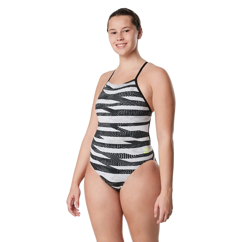 Speedo Women's Swimsuit One Piece Endurance+ Cross Back Printed Adult Team Colors, Contort Black/White, 32