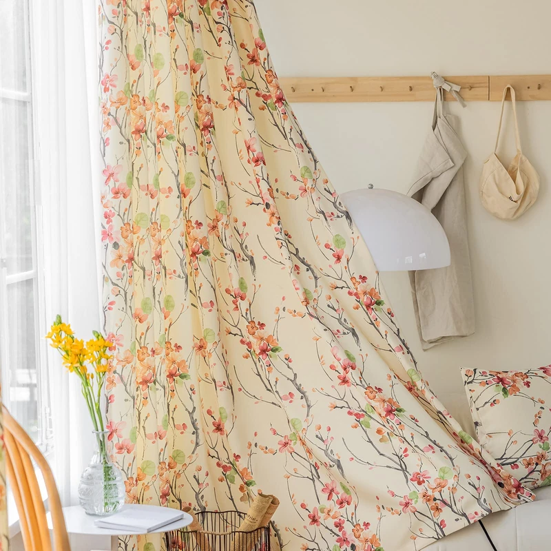 SUOUO Pink Floral Curtains for Living Room Chenille Patterned Cherry Blossom Flower Light Filtering Window Drapes Set for Girls Bedroom Dining 96 Inches Long 2 Panels