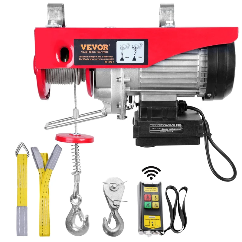 VEVOR Electric Winch 300 kg to 600 kg Lifting Height 12 m Cable Motor Winch 1150 W Copper Motor Pulley 10 m/min Lifting Speed Lift with Wireless Remote Control Cable Hoist Chain Hoist