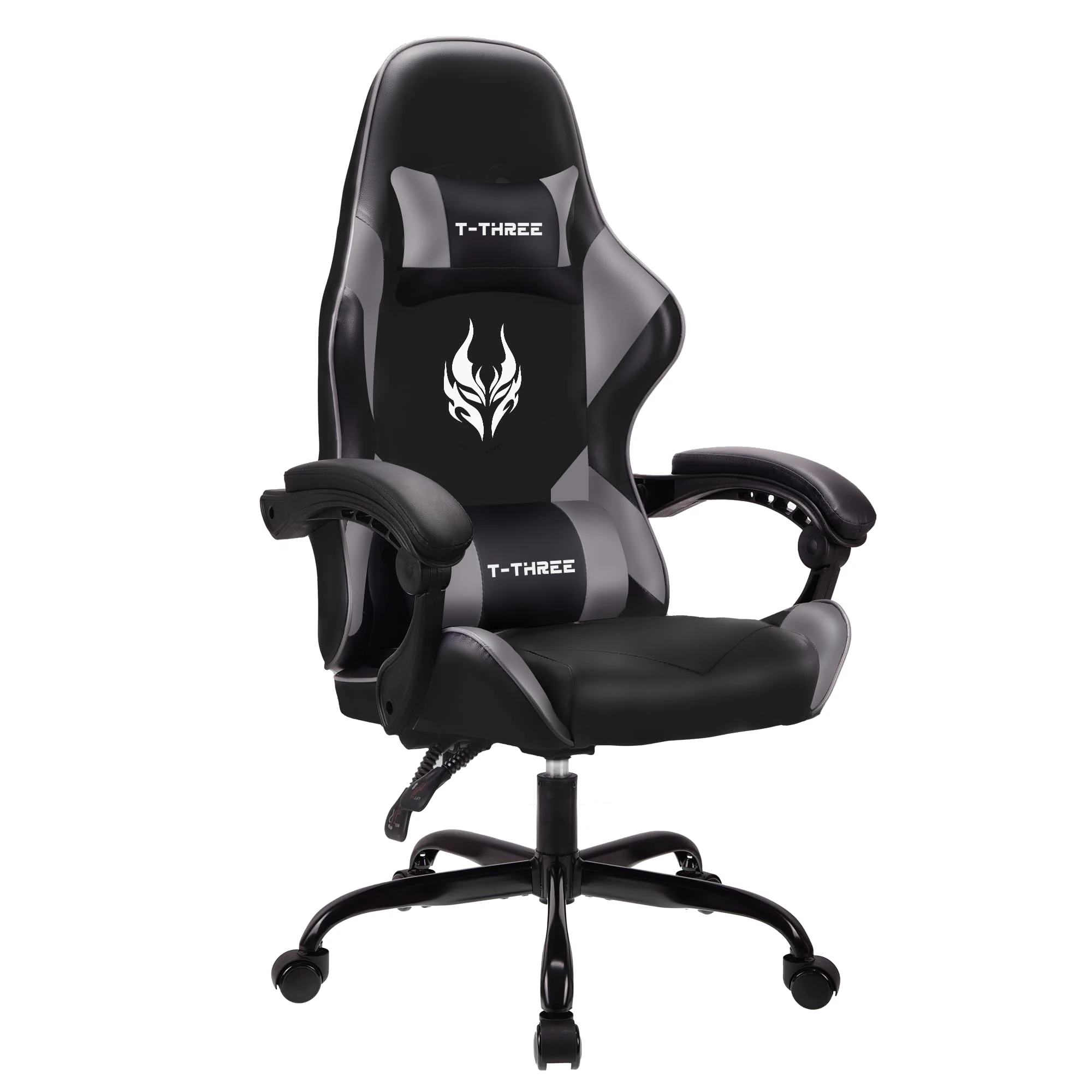 T-THREE.Ergonomic high-back gaming, computer, office, study, swivel, and racing-style chair with adjustable lumbar and headrest support, 150kg weight capacity, ideal for home office(Gray)