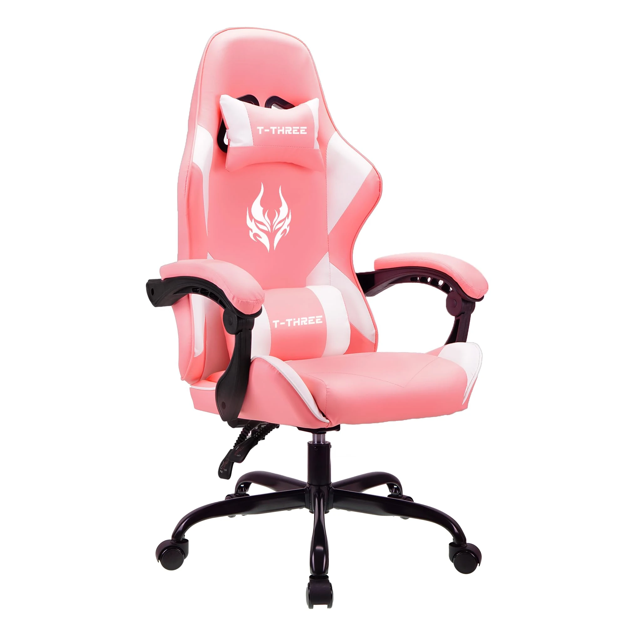 T-THREE.Ergonomic high-back gaming, computer, office, study, swivel, and racing-style chair with adjustable lumbar and headrest support, 150kg weight capacity, ideal for home office(Pink)
