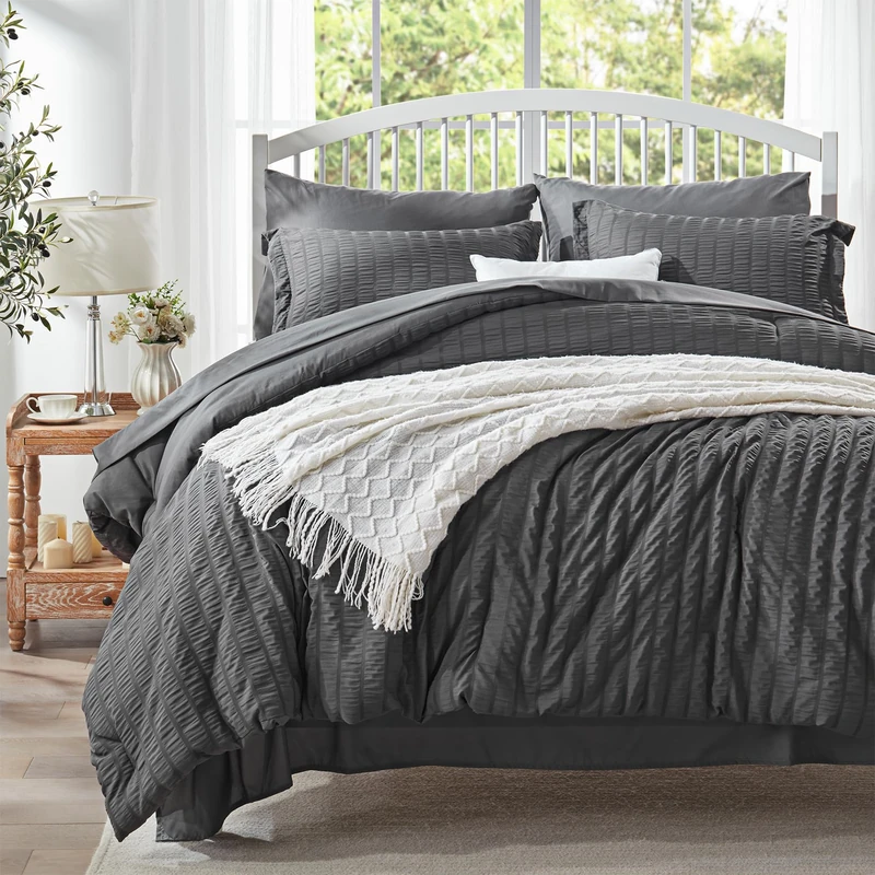 Queen Comforter Set 7 Piece, Dark Grey Bed in a Bag Queen Bedding Sets