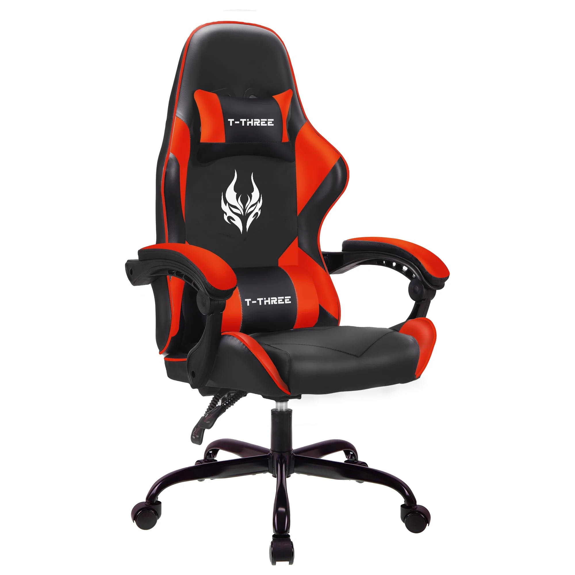 T-THREE.Ergonomic high-back gaming, computer, office, study, swivel, and racing-style chair with adjustable lumbar and headrest support, 150kg weight capacity, ideal for home office(Red)