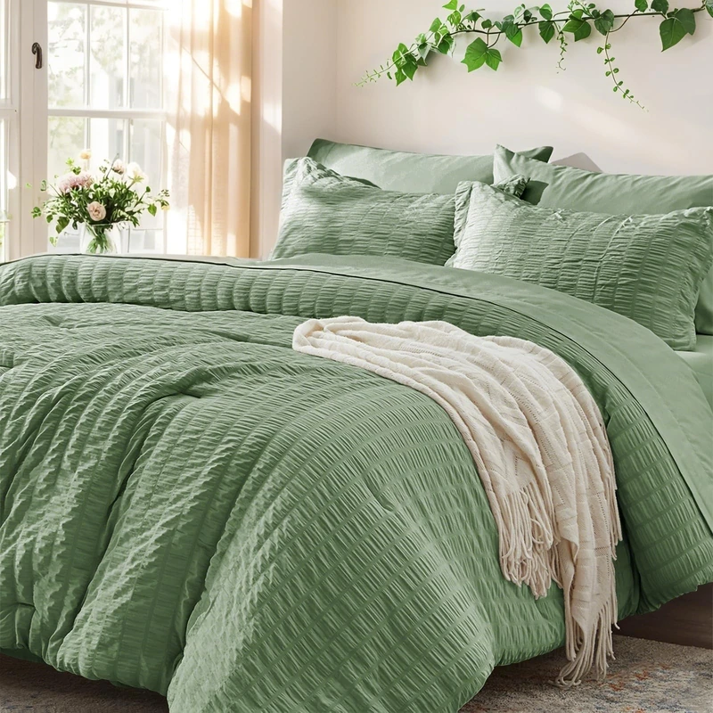 Queen Comforter Set 7 Piece, Sage Green Bed in a Bag Queen Bedding Sets