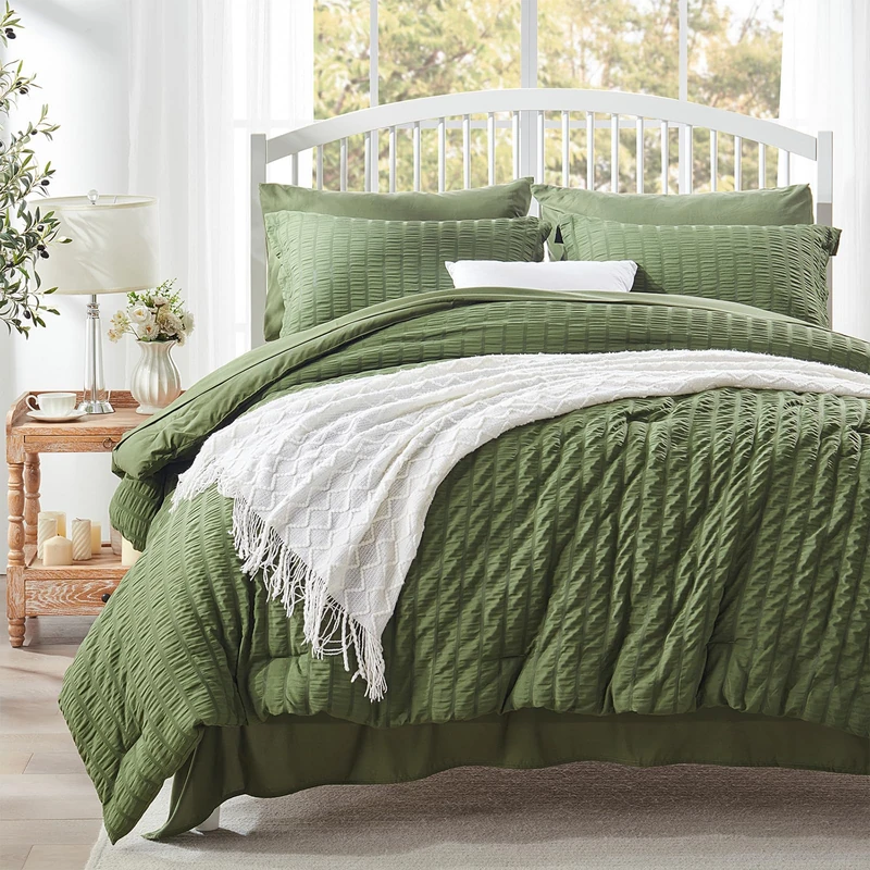 Zzlpp Queen Comforter Set 7 pieces, Olive Green Seersucker Bed in a Bag with Comforter and Sheets, All Season Bedding Sets with 1 Comforter, 2 Pillow Shams, 2 Pillowcases, 1 Flat Sheet, 1 Fitted Sheet