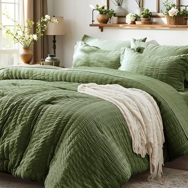 Full Size Comforter Sets 7 Piece, Olive Green Bed in a Bag Full Bedding Set