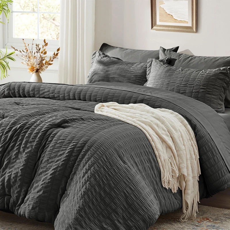 King Size Comforter Set 7 Piece, Dark Grey Bed in a Bag King Bedding Sets