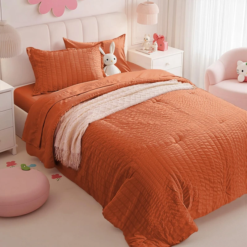 Twin Comforter Set 5 Piece,Burnt Orange Bed in a Bag Twin Size Bedding Sets