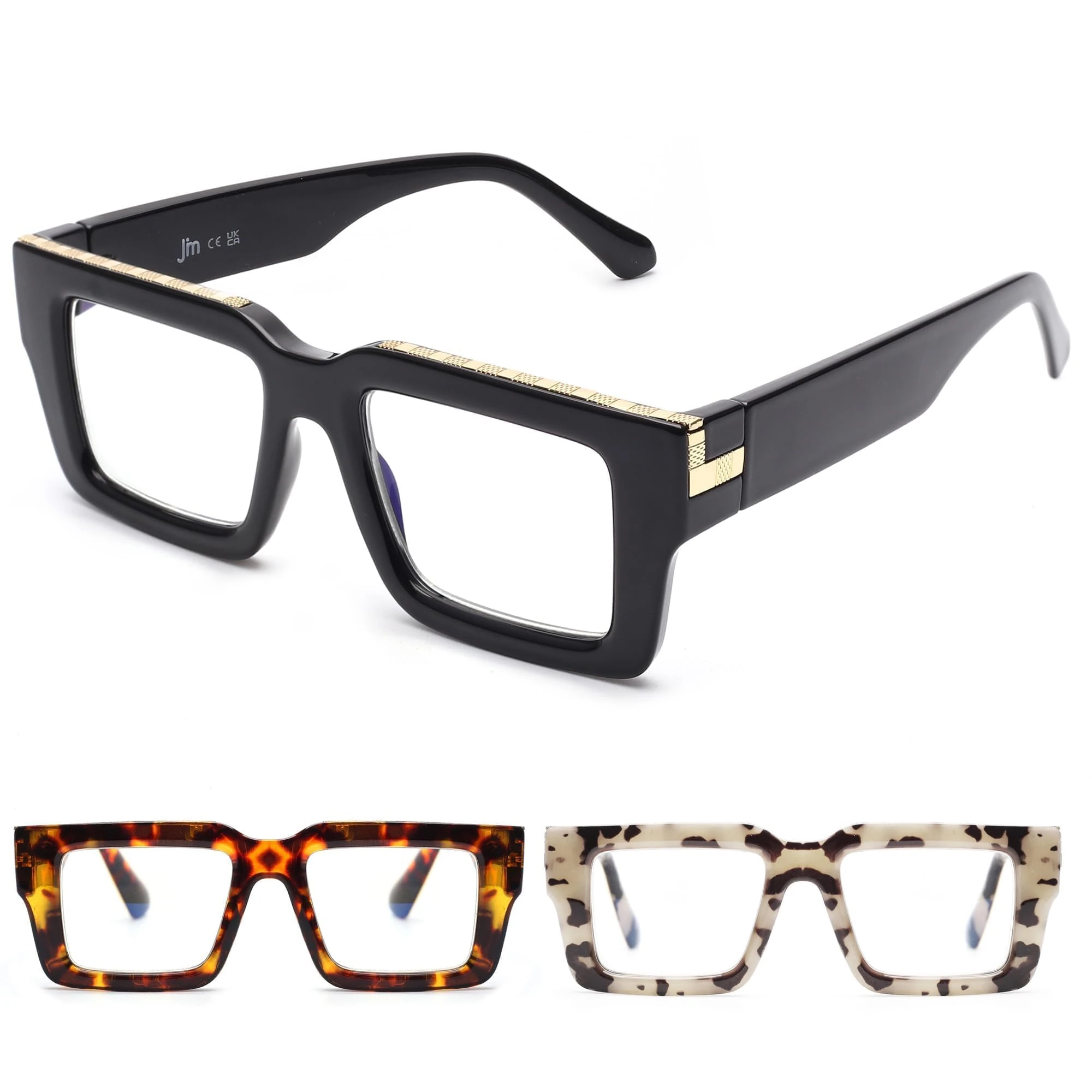 JM Oversized Reading Glasses for Women Men with Spring Hinge, Fashion Square Blue Light Blocking Computer Readers 3 Pack 0.0 (Black + Brown + Grayish White)