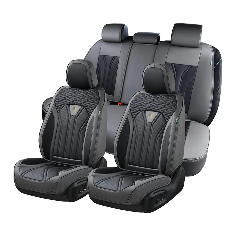 FLORICH Leather Seat Covers, Seat Covers Full Set, Car Seat Protectors 5 Seats, Automotive Seat Covers Fit for Most Cars Trucks SUV- Gray&Black