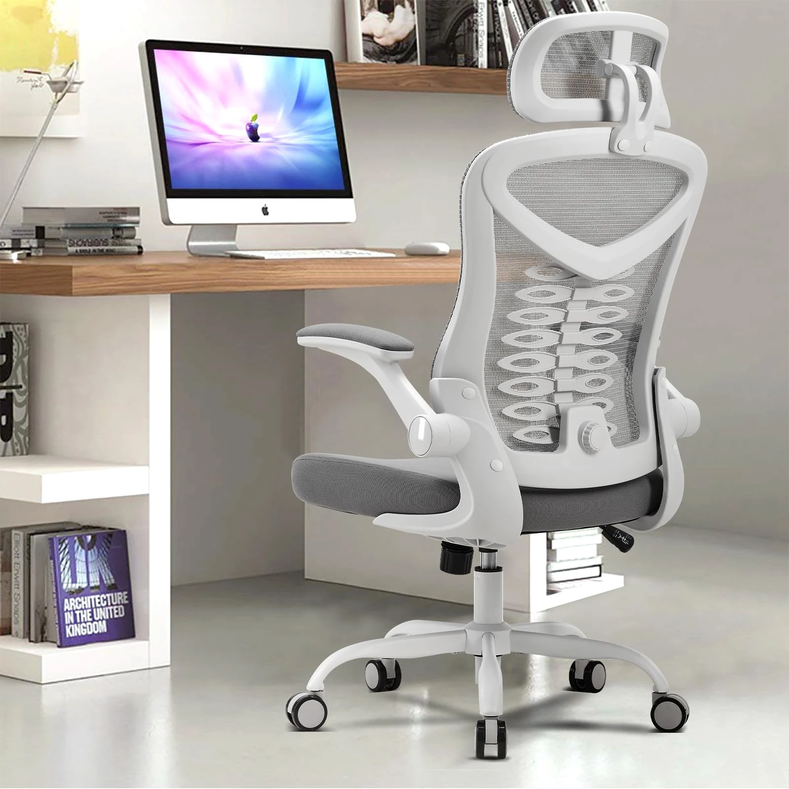 Magic Life Office Chair, Adjustable Desk Chair with Flip-up Armrest, Rebound Seat Cushion, Breathable Mesh High Back, Comfortable Lumbar Support, Movable Headrest 360° Rotation, White